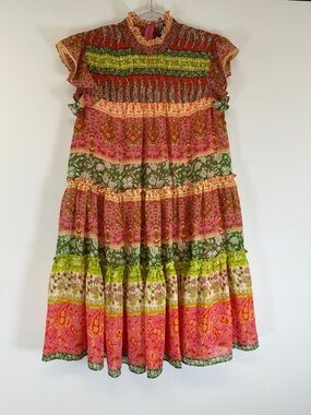Maison Tara Anthropologie Floral Tiered Mini Dress Pink Green Smocked 8